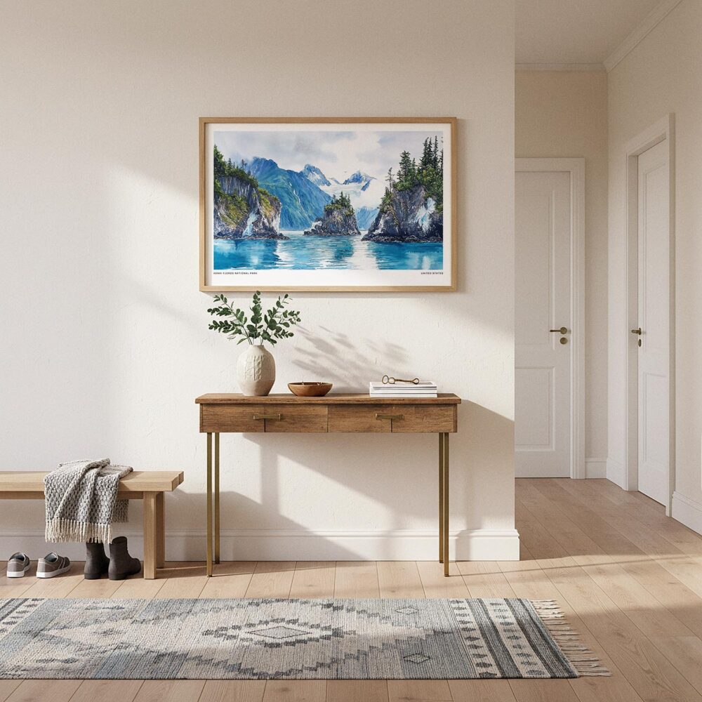 01 - A Framed Kenai Fjords National Park Watercolor - Horizontal Art Print hanging in Hallway.jpg 01 - A Framed Kenai Fjords National Park Watercolor - Horizontal Art Print hanging in Hallway.jpg