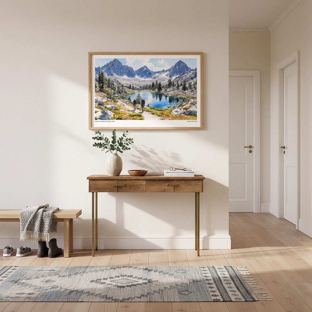 01 - A Framed Kings Canyon National Park Watercolor - Horizontal Art Print hanging in Hallway.jpg 01 - A Framed Kings Canyon National Park Watercolor - Horizontal Art Print hanging in Hallway.jpg