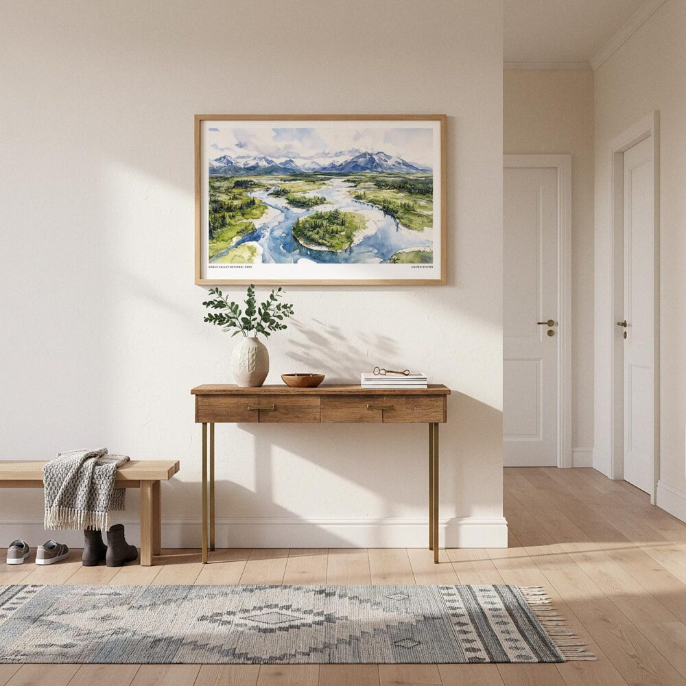 01 - A Framed Kobuk Valley National Park Watercolor - Horizontal Art Print hanging in Hallway.jpg 01 - A Framed Kobuk Valley National Park Watercolor - Horizontal Art Print hanging in Hallway.jpg