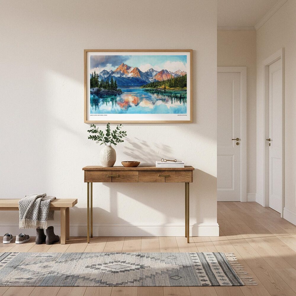 01 - A Framed Lake Clark National Park Watercolor - Horizontal Art Print hanging in Hallway.jpg 01 - A Framed Lake Clark National Park Watercolor - Horizontal Art Print hanging in Hallway.jpg