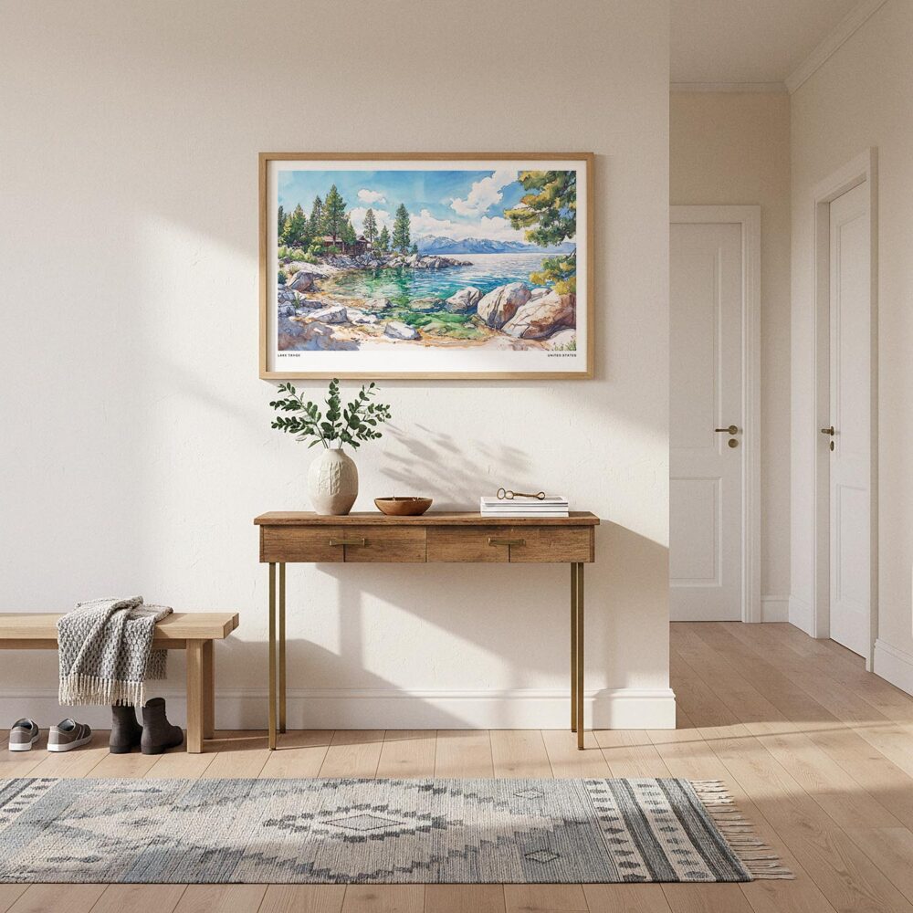 01 - A Framed Lake Tahoe Watercolor - Horizontal Art Print hanging in Hallway.jpg 01 - A Framed Lake Tahoe Watercolor - Horizontal Art Print hanging in Hallway.jpg