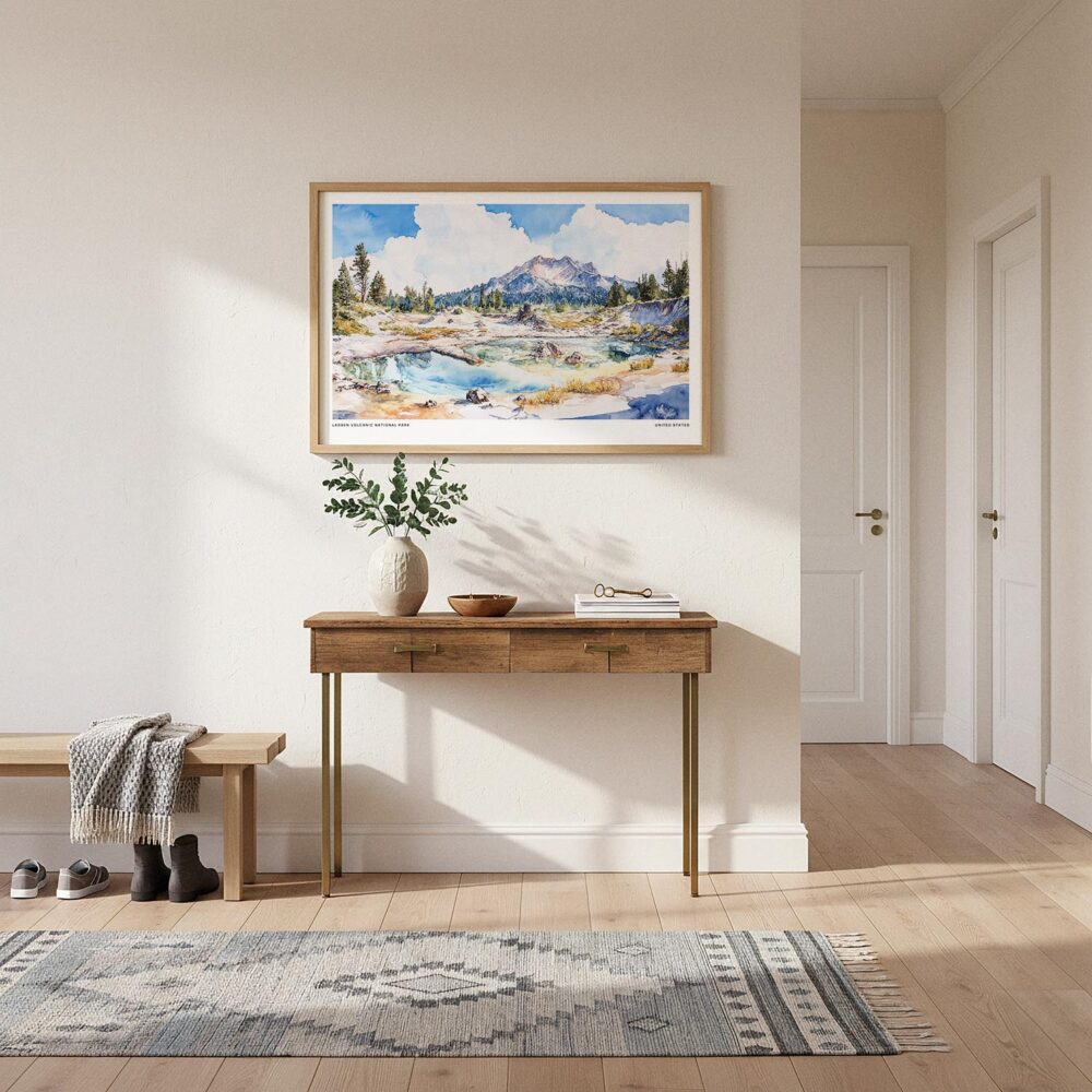 01 - A Framed Lassen Volcanic National Park Watercolor - Horizontal Art Print hanging in Hallway.jpg 01 - A Framed Lassen Volcanic National Park Watercolor - Horizontal Art Print hanging in Hallway.jpg