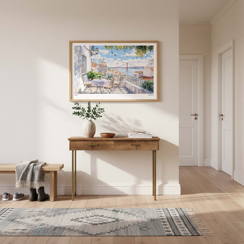 01 - A Framed Lisbon Portugal Watercolor Art - Horizontal Art Print hanging in Hallway.jpg 01 - A Framed Lisbon Portugal Watercolor Art - Horizontal Art Print hanging in Hallway.jpg