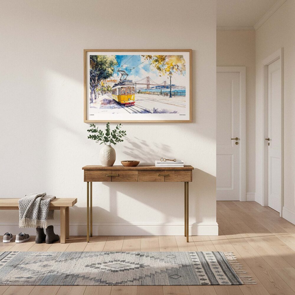 01 - A Framed Lisbon Portugal Yellow Tram Watercolor Art - Horizontal Art Print hanging in Hallway - Horizontal.jpg 01 - A Framed Lisbon Portugal Yellow Tram Watercolor Art - Horizontal Art Print hanging in Hallway - Horizontal.jpg