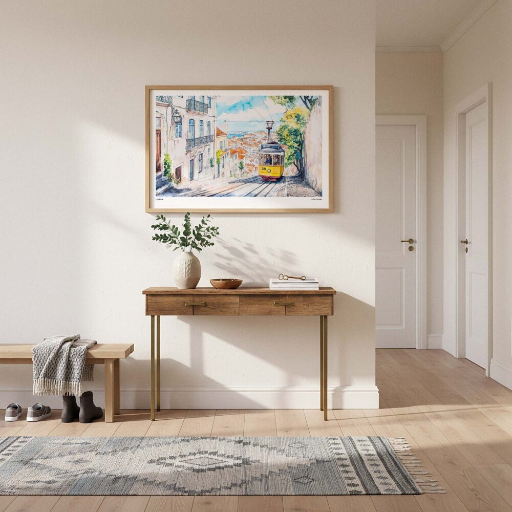 01 - A Framed Lisbon Tram 28 Watercolor Art - Horizontal Art Print hanging in Hallway - Horizontal.jpg 01 - A Framed Lisbon Tram 28 Watercolor Art - Horizontal Art Print hanging in Hallway - Horizontal.jpg