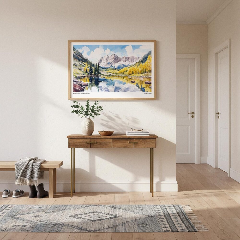 01 - A Framed Maroon Bells Aspen CO Watercolor - Horizontal Art Print hanging in Hallway.jpg 01 - A Framed Maroon Bells Aspen CO Watercolor - Horizontal Art Print hanging in Hallway.jpg
