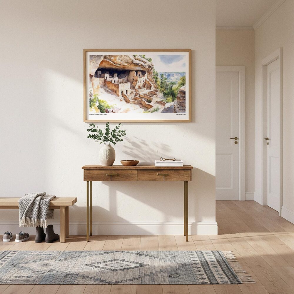01 - A Framed Mesa Verde National Park Watercolor - Horizontal Art Print hanging in Hallway.jpg 01 - A Framed Mesa Verde National Park Watercolor - Horizontal Art Print hanging in Hallway.jpg