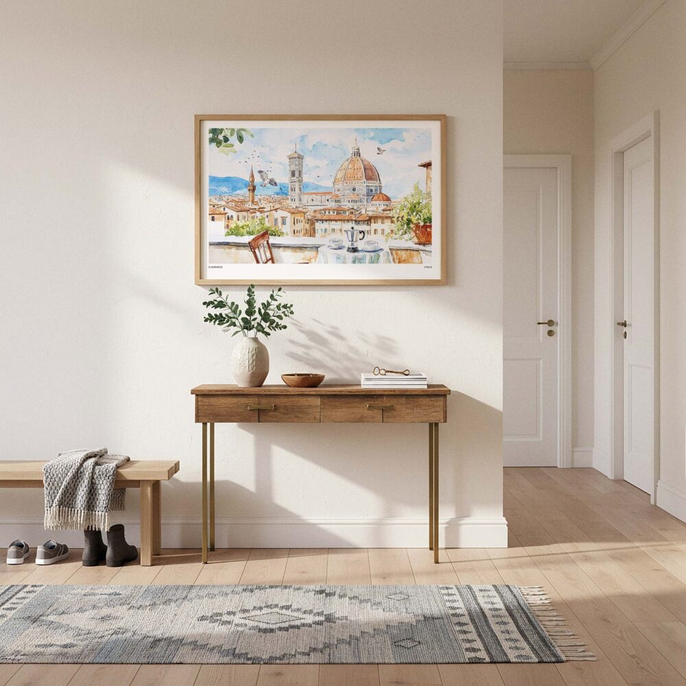 01 - A Framed Morning Coffee in Florence Italy with Cathedral Watercolor Art - Horizontal Art Print hanging in Hallway.jpg 01 - A Framed Morning Coffee in Florence Italy with Cathedral Watercolor Art - Horizontal Art Print hanging in Hallway.jpg