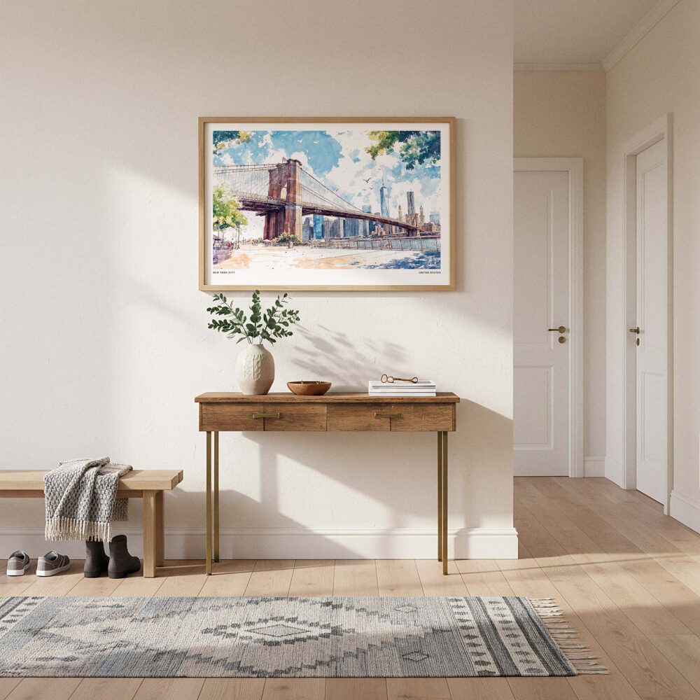 01 - A Framed NYC Brooklyn Bridge Watercolor Art - Horizontal Art Print hanging in Hallway - Horizontal.jpg 01 - A Framed NYC Brooklyn Bridge Watercolor Art - Horizontal Art Print hanging in Hallway - Horizontal.jpg