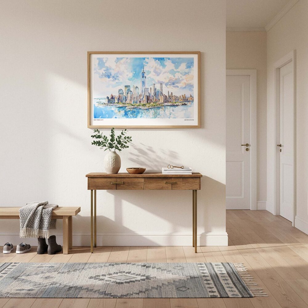 01 - A Framed New York City Skyline Watercolor Art - Horizontal Art Print hanging in Hallway - Horizontal.jpg 01 - A Framed New York City Skyline Watercolor Art - Horizontal Art Print hanging in Hallway - Horizontal.jpg