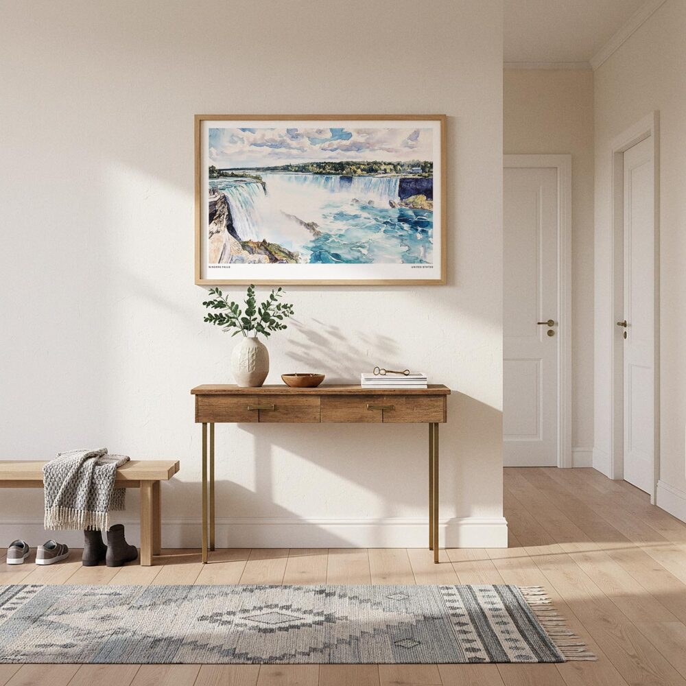 01 - A Framed Niagara Falls Watercolor - Horizontal Art Print hanging in Hallway.jpg 01 - A Framed Niagara Falls Watercolor - Horizontal Art Print hanging in Hallway.jpg