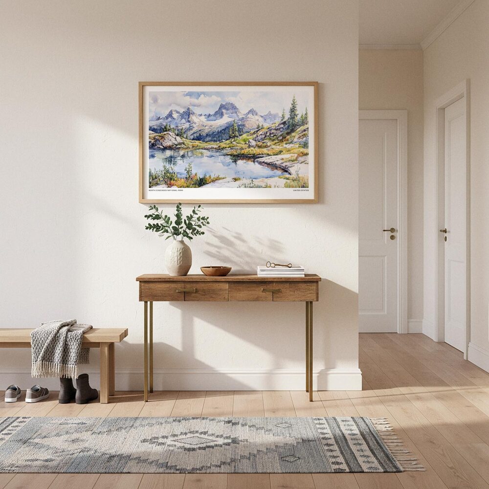 01 - A Framed North Cascades National Park Watercolor - Horizontal Art Print hanging in Hallway.jpg 01 - A Framed North Cascades National Park Watercolor - Horizontal Art Print hanging in Hallway.jpg