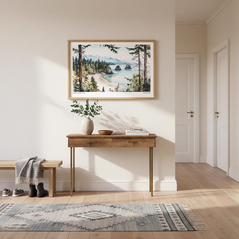 01 - A Framed Olympic National Park Watercolor - Horizontal Art Print hanging in Hallway.jpg 01 - A Framed Olympic National Park Watercolor - Horizontal Art Print hanging in Hallway.jpg