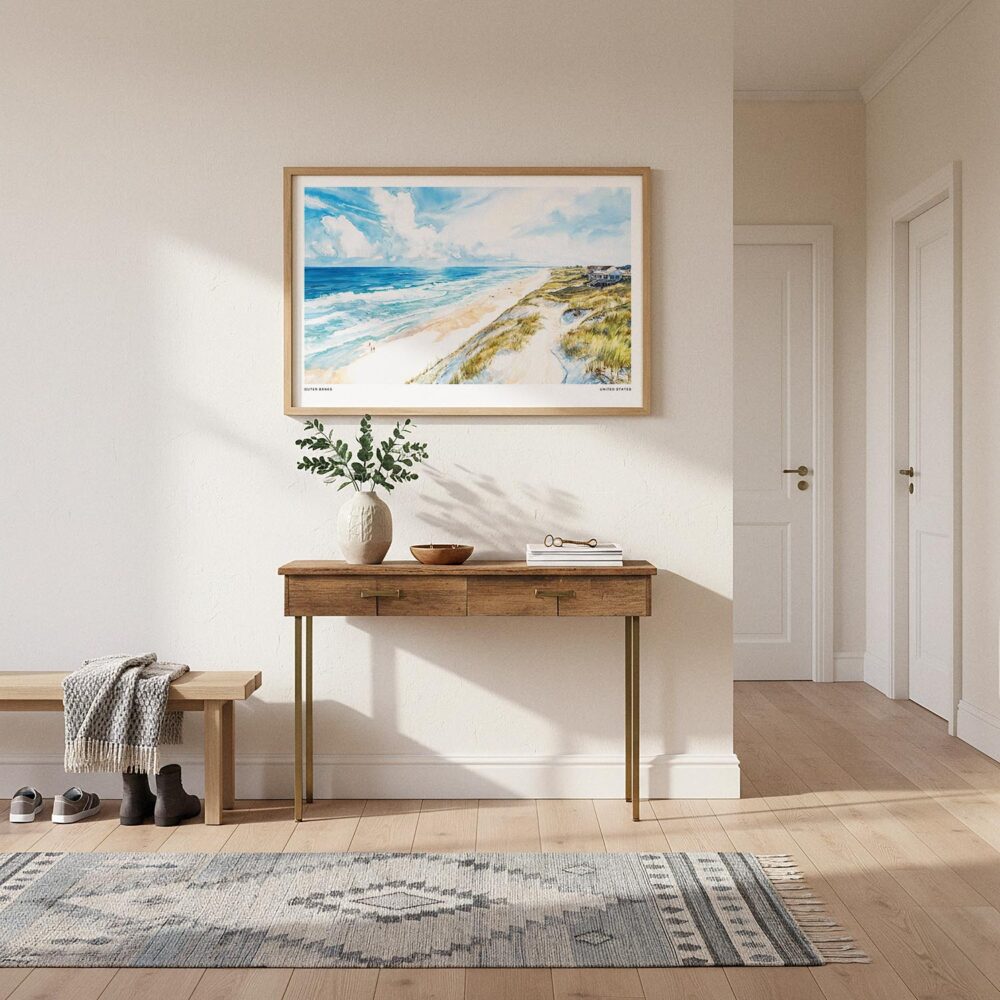 01 - A Framed Outer Banks NC Watercolor - Horizontal Art Print hanging in Hallway.jpg 01 - A Framed Outer Banks NC Watercolor - Horizontal Art Print hanging in Hallway.jpg