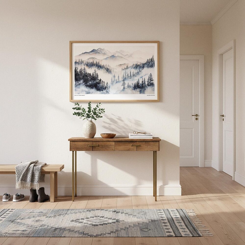 01 - A Framed Pacific Northwest Watercolor - Horizontal Art Print hanging in Hallway.jpg 01 - A Framed Pacific Northwest Watercolor - Horizontal Art Print hanging in Hallway.jpg