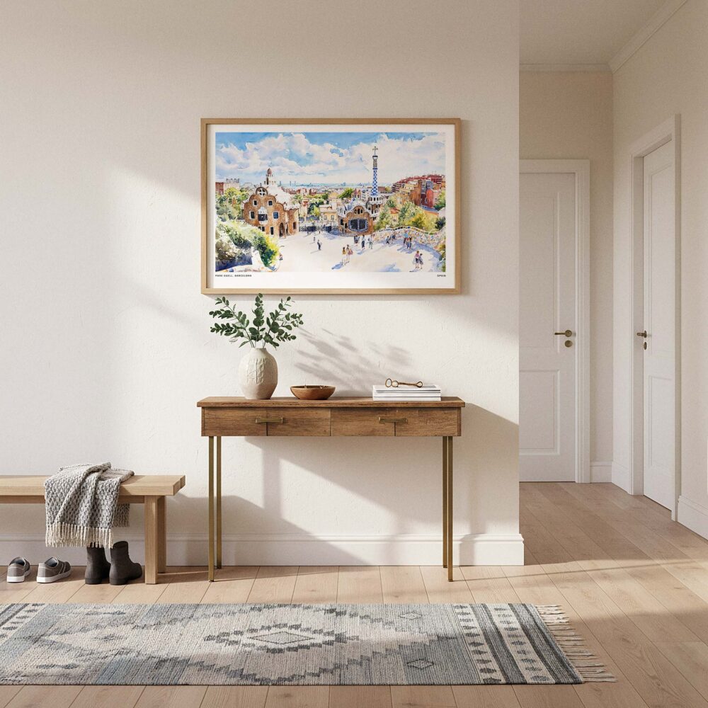 01 - A Framed Park Guell Spain Watercolor Art - Horizontal Art Print hanging in Hallway.jpg 01 - A Framed Park Guell Spain Watercolor Art - Horizontal Art Print hanging in Hallway.jpg