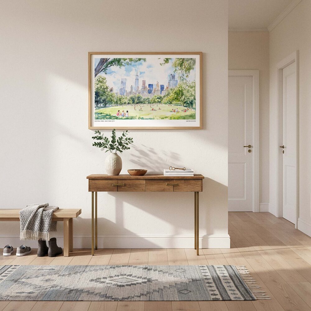 01 - A Framed Picnic in Central Park New York Watercolor Art - Horizontal Art Print hanging in Hallway - Horizontal.jpg 01 - A Framed Picnic in Central Park New York Watercolor Art - Horizontal Art Print hanging in Hallway - Horizontal.jpg