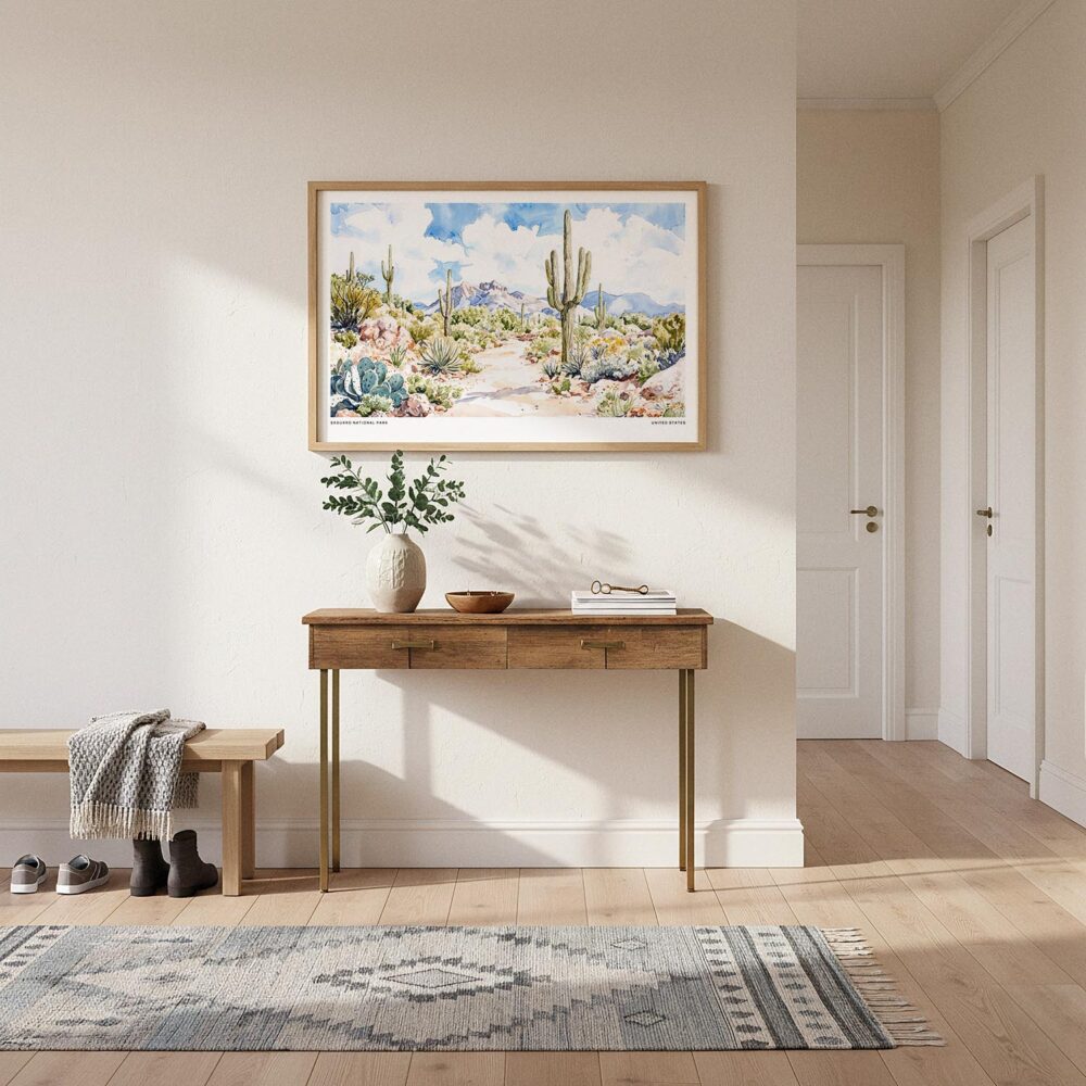 01 - A Framed Saguaro National Park Watercolor - Horizontal Art Print hanging in Hallway.jpg 01 - A Framed Saguaro National Park Watercolor - Horizontal Art Print hanging in Hallway.jpg