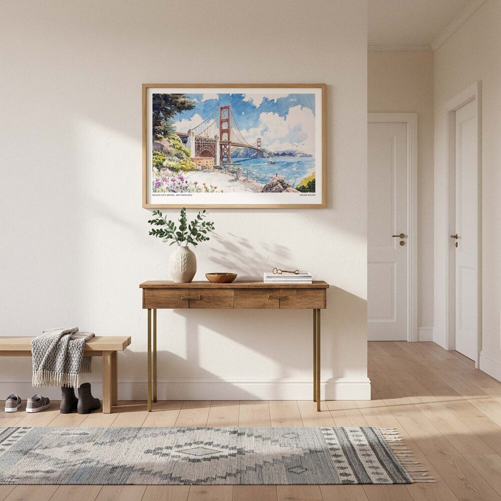 01 - A Framed San Francisco Golden Gate Bridge Watercolor Art - Horizontal Art Print hanging in Hallway.jpg 01 - A Framed San Francisco Golden Gate Bridge Watercolor Art - Horizontal Art Print hanging in Hallway.jpg