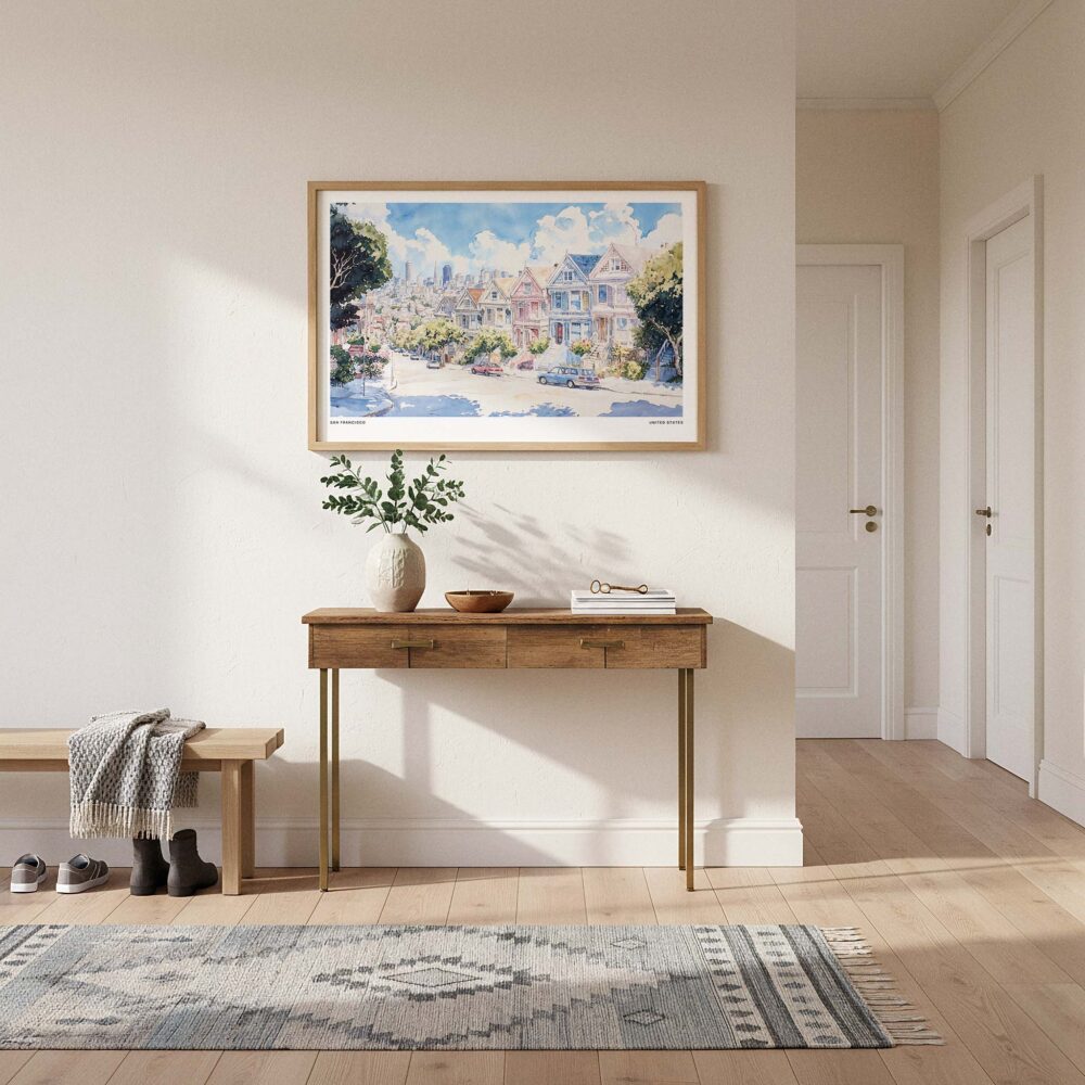 01 - A Framed San Francisco Painted Ladies Watercolor Art - Horizontal Art Print hanging in Hallway.jpg 01 - A Framed San Francisco Painted Ladies Watercolor Art - Horizontal Art Print hanging in Hallway.jpg