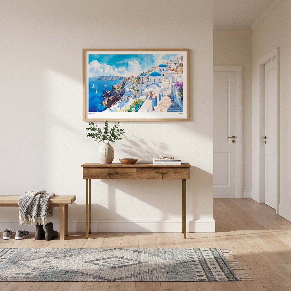 01 - A Framed Santorini Blue Dome Church Watercolor Art - Horizontal Art Print hanging in Hallway.jpg 01 - A Framed Santorini Blue Dome Church Watercolor Art - Horizontal Art Print hanging in Hallway.jpg