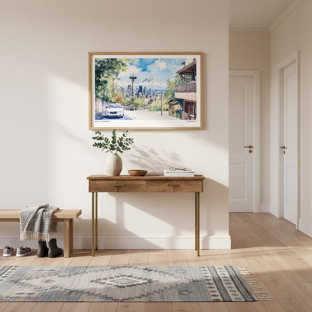 01 - A Framed Seattle Skyline Watercolor Art - Horizontal Art Print hanging in Hallway - Horizontal.jpg 01 - A Framed Seattle Skyline Watercolor Art - Horizontal Art Print hanging in Hallway - Horizontal.jpg