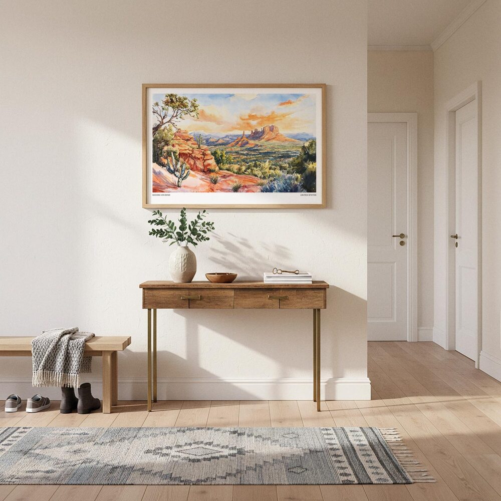 01 - A Framed Sedona AZ Watercolor - Horizontal Art Print hanging in Hallway.jpg 01 - A Framed Sedona AZ Watercolor - Horizontal Art Print hanging in Hallway.jpg