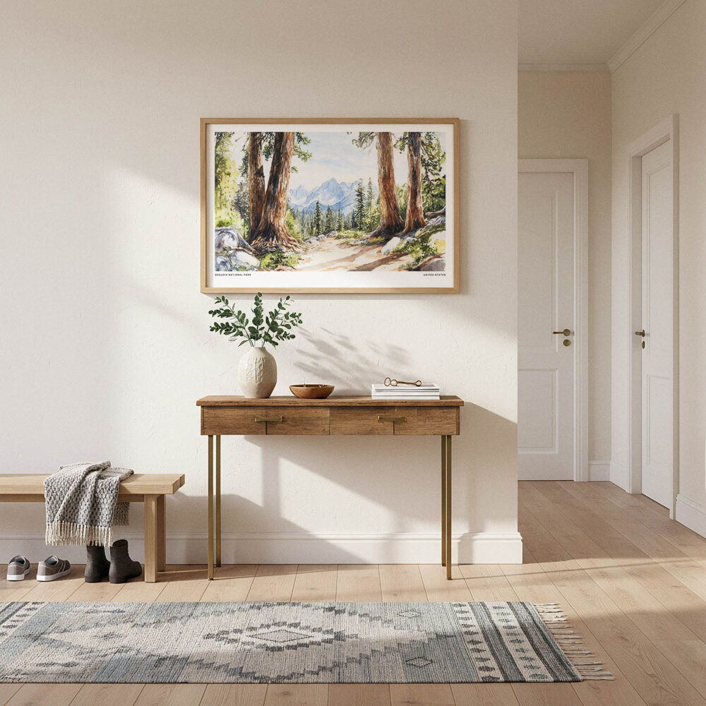 01 - A Framed Sequoia National Park Watercolor - Horizontal Art Print hanging in Hallway.jpg 01 - A Framed Sequoia National Park Watercolor - Horizontal Art Print hanging in Hallway.jpg