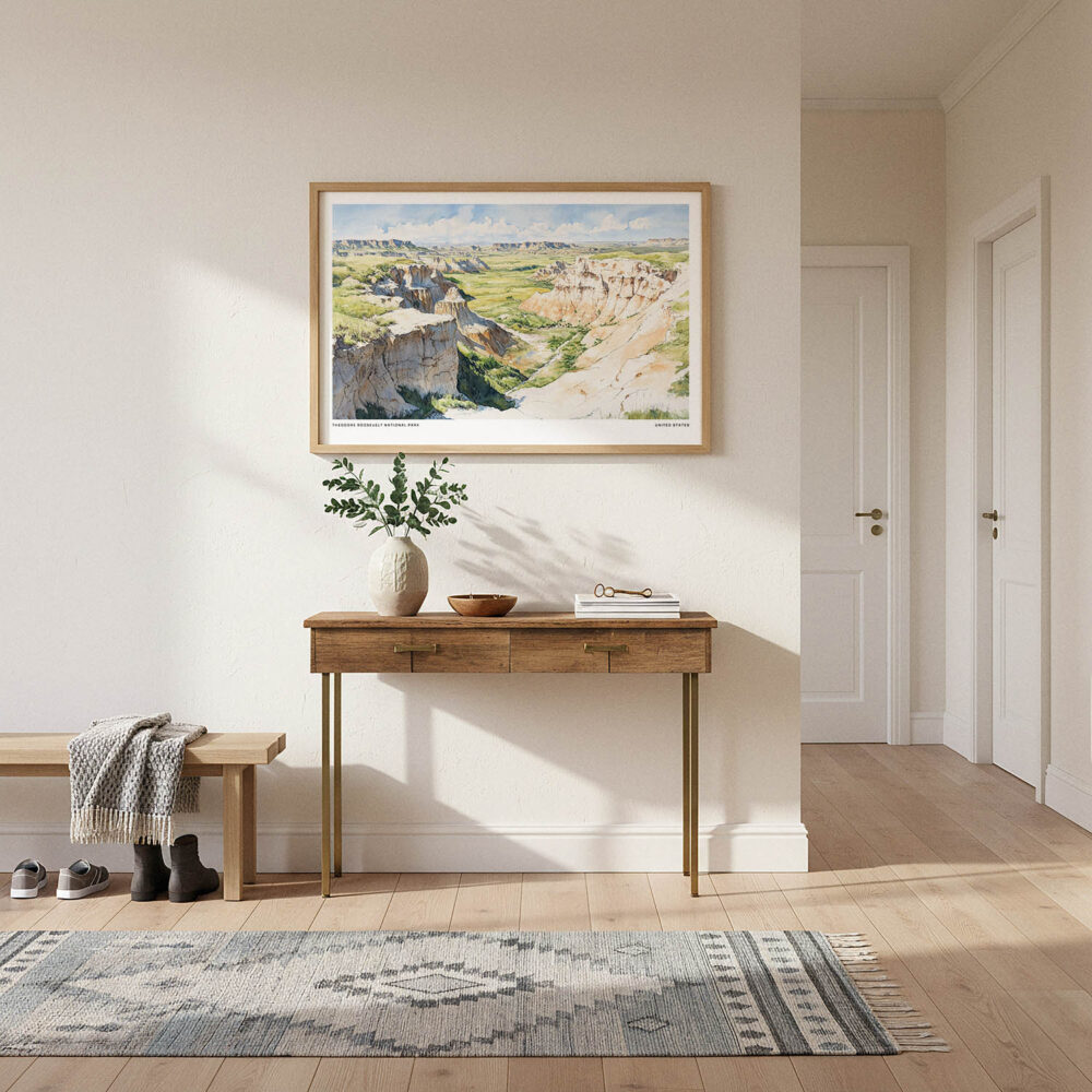 01 - A Framed Theodore Roosevelt National Park Watercolor - Horizontal Art Print hanging in Hallway.jpg 01 - A Framed Theodore Roosevelt National Park Watercolor - Horizontal Art Print hanging in Hallway.jpg