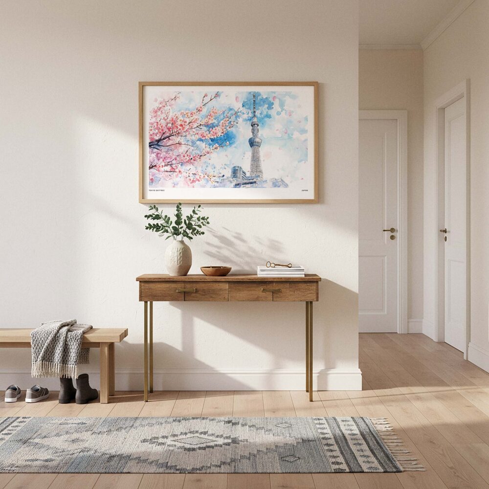 01 - A Framed Tokyo Skytree During Sakura Season Watercolor Art - Horizontal Art Print hanging in Hallway.jpg 01 - A Framed Tokyo Skytree During Sakura Season Watercolor Art - Horizontal Art Print hanging in Hallway.jpg