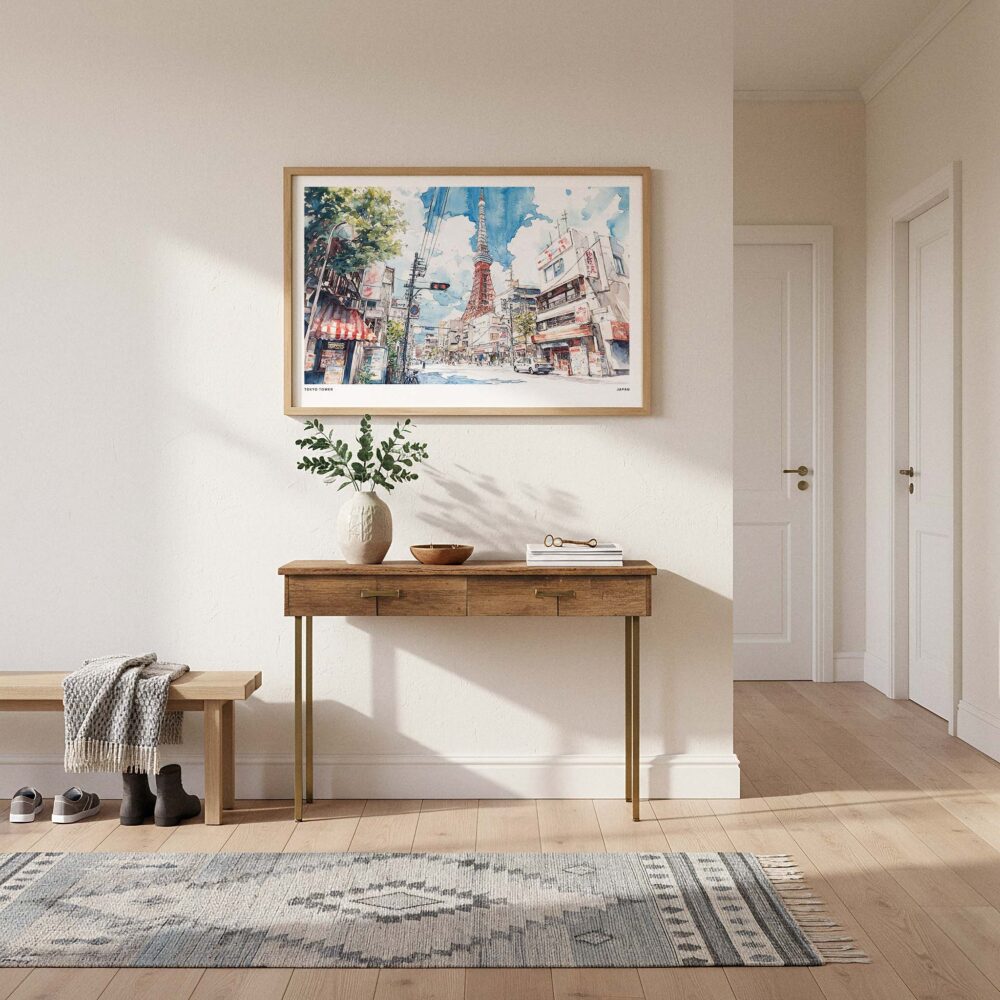 01 - A Framed Tokyo Tower Watercolor Art - Horizontal Art Print hanging in Hallway.jpg 01 - A Framed Tokyo Tower Watercolor Art - Horizontal Art Print hanging in Hallway.jpg