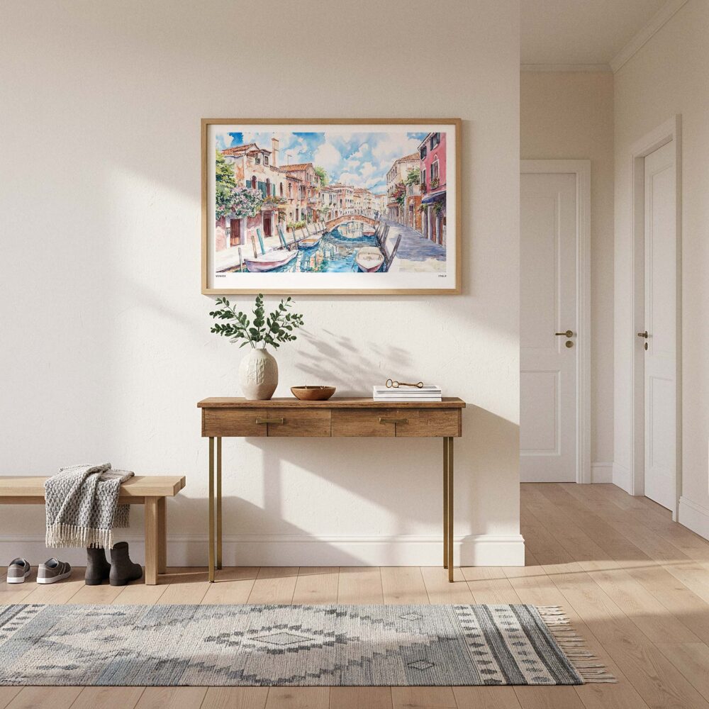 01 - A Framed Venice Italy Canals Watercolor Art - Horizontal Art Print hanging in Hallway.jpg 01 - A Framed Venice Italy Canals Watercolor Art - Horizontal Art Print hanging in Hallway.jpg