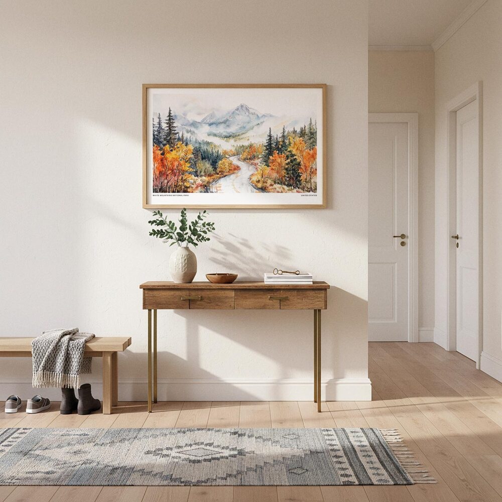 01 - A Framed White Mountains National Park Watercolor - Horizontal Art Print hanging in Hallway.jpg 01 - A Framed White Mountains National Park Watercolor - Horizontal Art Print hanging in Hallway.jpg