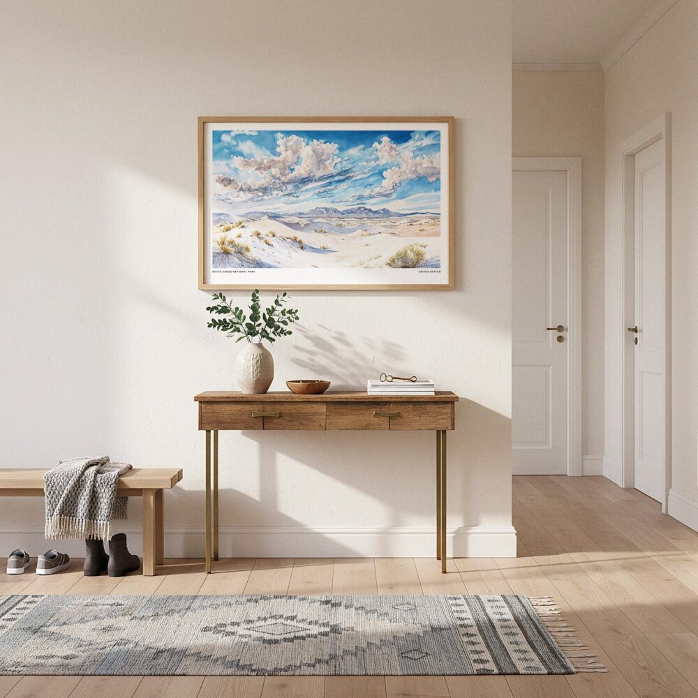 01 - A Framed White Sands National Park Watercolor - Horizontal Art Print hanging in Hallway.jpg 01 - A Framed White Sands National Park Watercolor - Horizontal Art Print hanging in Hallway.jpg