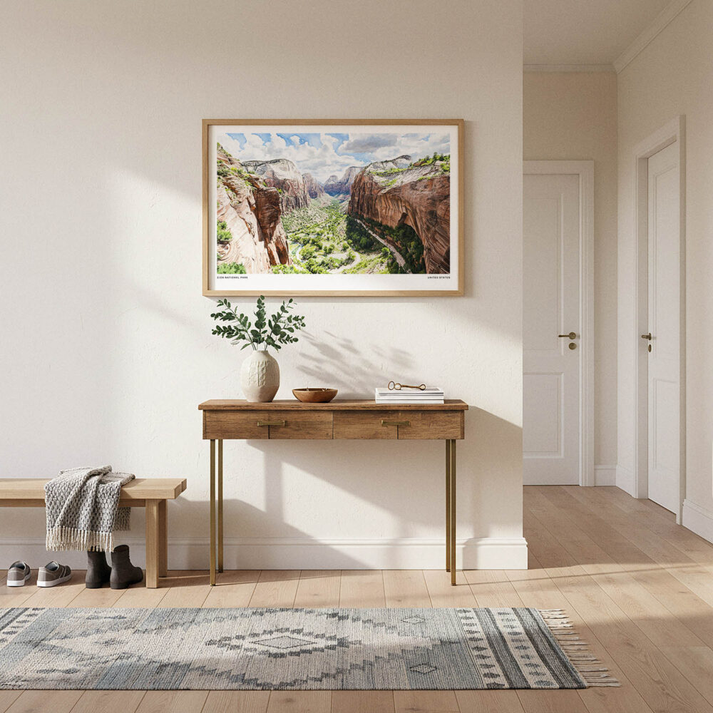 01 - A Framed Zion National Park Watercolor - Horizontal Art Print hanging in Hallway.jpg 01 - A Framed Zion National Park Watercolor - Horizontal Art Print hanging in Hallway.jpg
