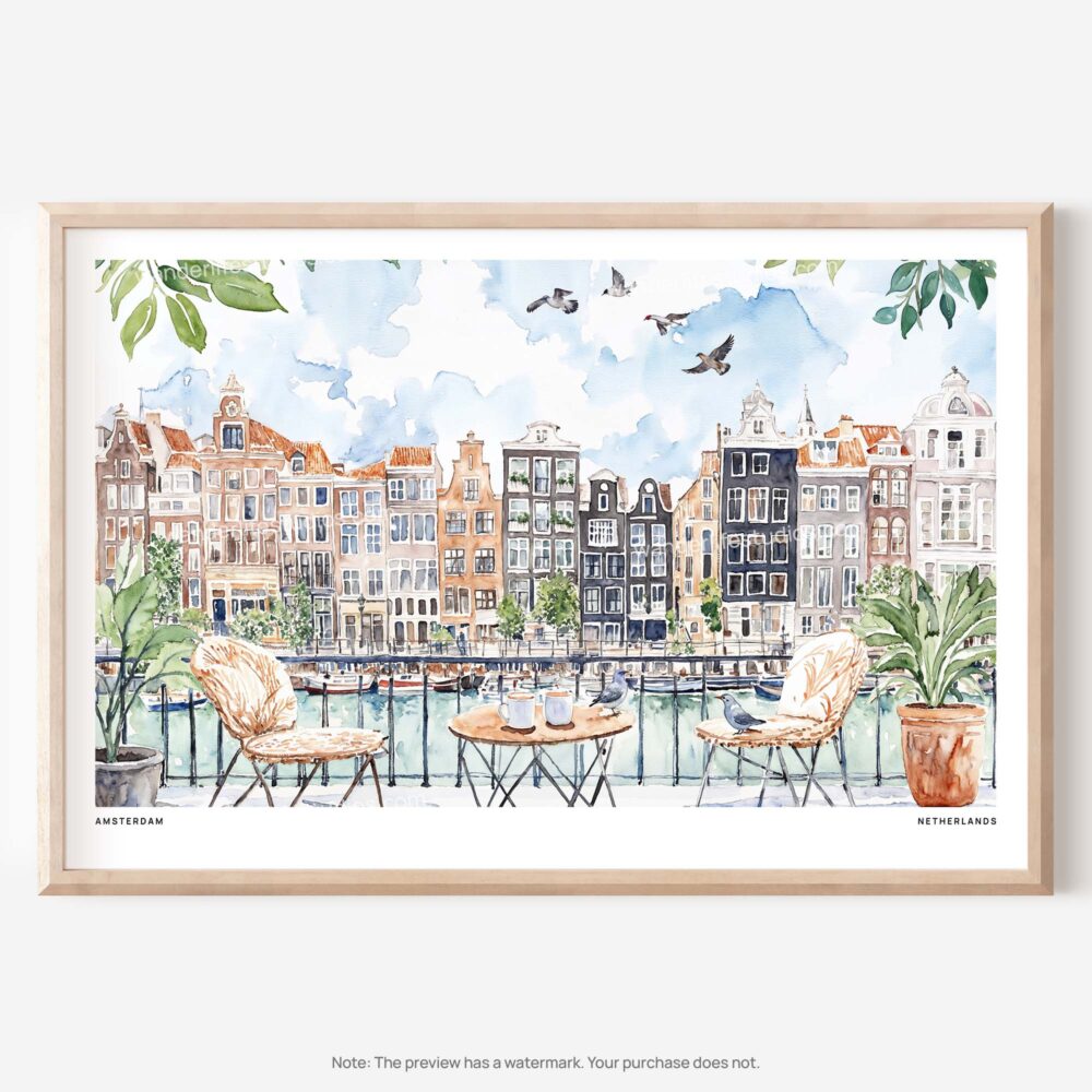 01 - A Morning in Amsterdam Watercolor Art - Horizontal Art - Digital Download - Main.jpg
