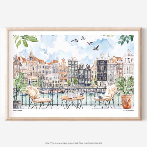 01 - A Morning in Amsterdam Watercolor Art - Horizontal Art - Digital Download - Main.jpg