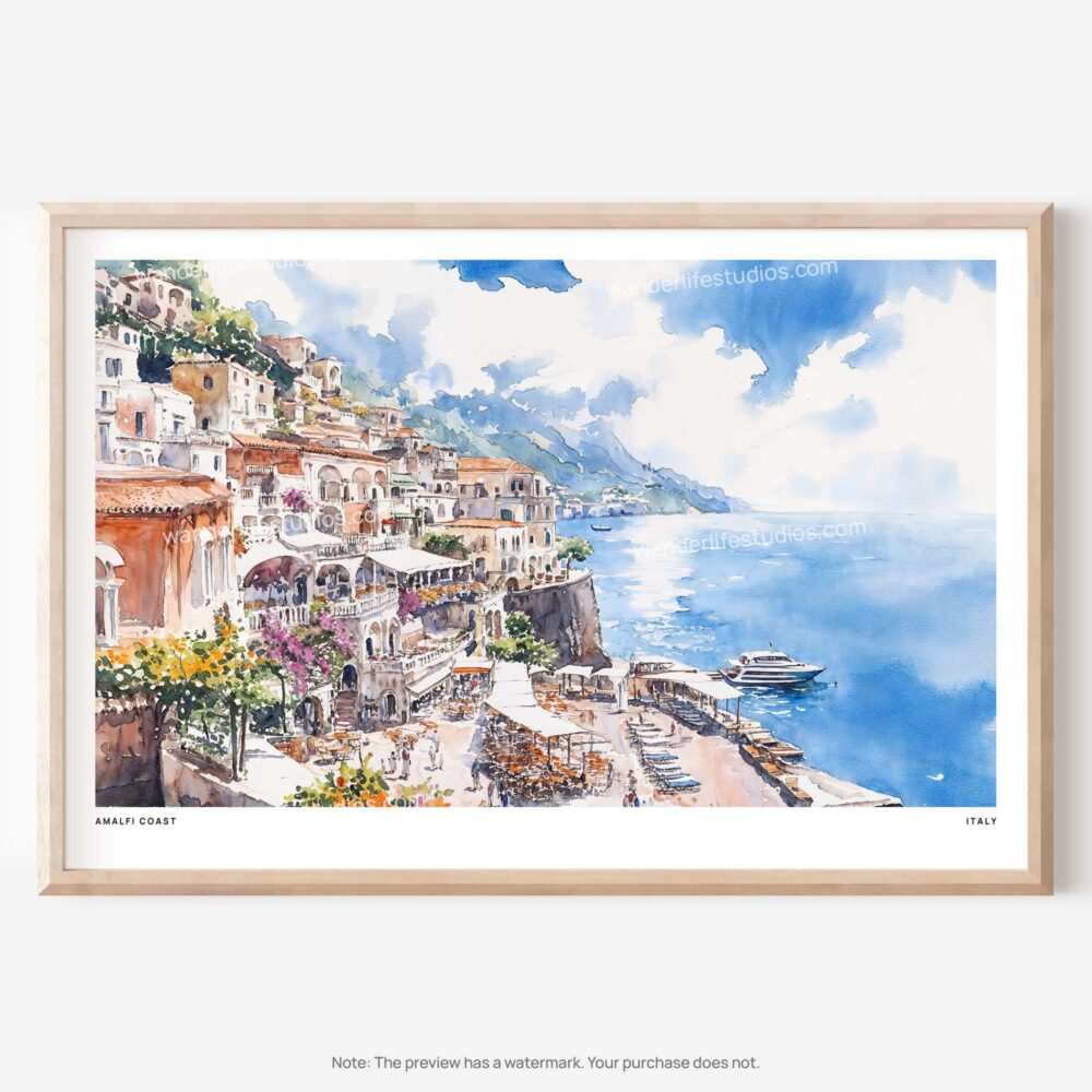 01 - Amalfi Coast Watercolor Art - Horizontal Art - Digital Download - Main.jpg