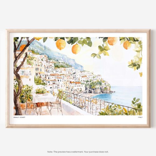01 - Amalfi Coast with Lemon Trees Watercolor Art - Horizontal Art - Digital Download - Main.jpg