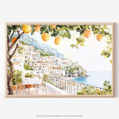 01 - Amalfi Coast with Lemon Trees Watercolor Art - Horizontal Art - Digital Download - Main.jpg