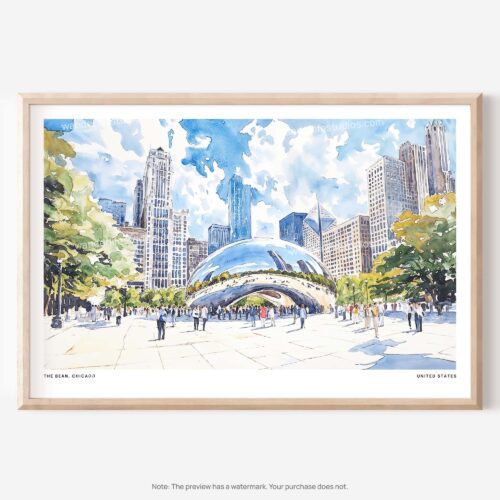 01 - Chicago Cloud Gate Watercolor Art - Horizontal Art - Digital Download - Main.jpg