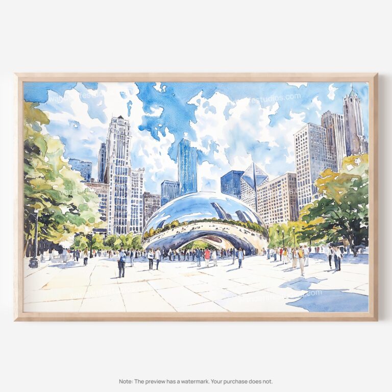 01 - Chicago Cloud Gate Watercolor Art - Horizontal Art - Digital Download - Main.jpg