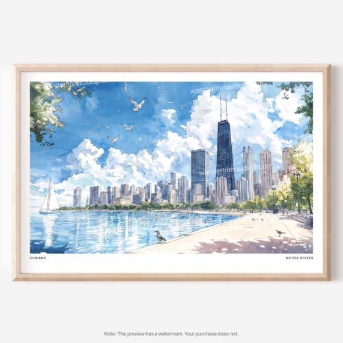 01 - Chicago Skyline Watercolor Art - Horizontal Art - Digital Download - Main.jpg