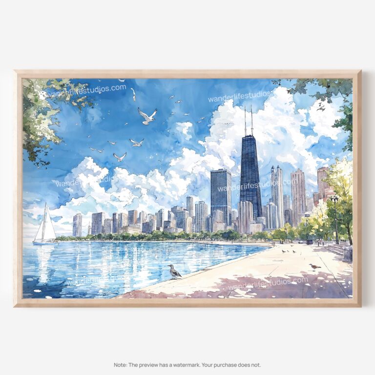 01 - Chicago Skyline Watercolor Art - Horizontal Art - Digital Download - Main.jpg