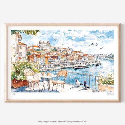 01 - Coffee in Porto Portugal Watercolor Art - Horizontal Art - Digital Download - Main.jpg