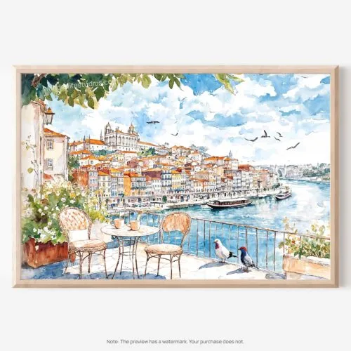 01 - Coffee in Porto Portugal Watercolor Art - Horizontal Art - Digital Download - Main.jpg