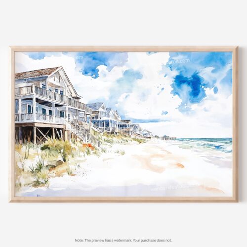 01 - Cottages at Outer Banks NC Watercolor - Horizontal Art - Digital Download - Main.jpg