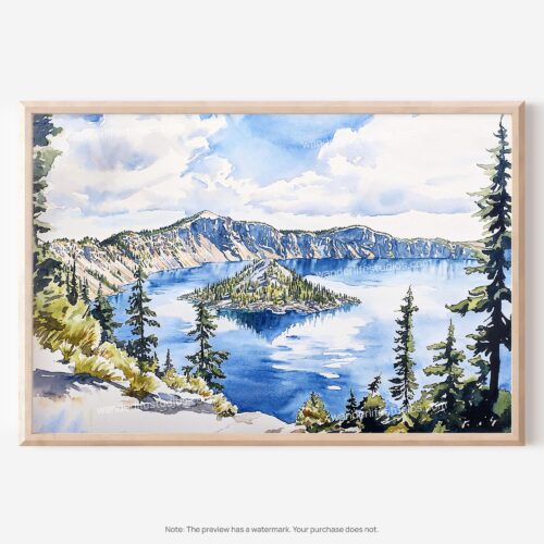 01 - Crater Lake National Park Watercolor - Horizontal Art - Digital Download - Main.jpg