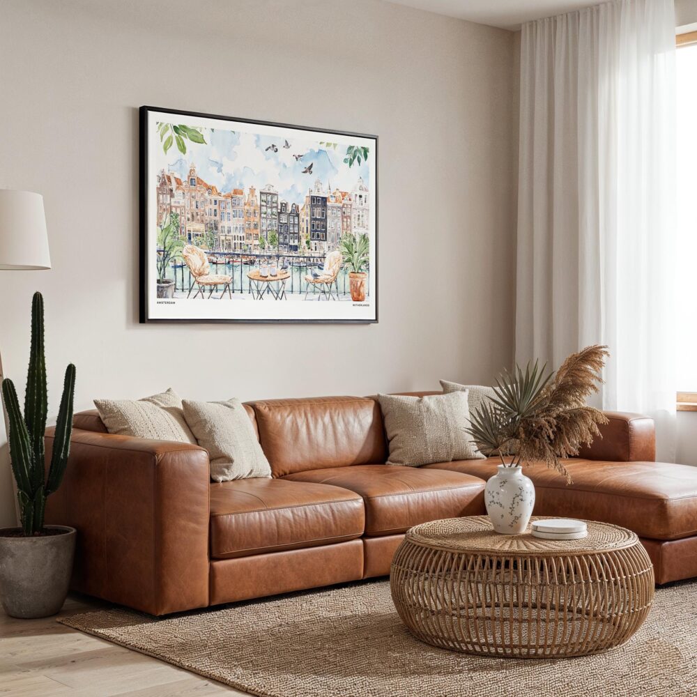 01 - Framed A Morning in Amsterdam Watercolor Art - Horizontal Canvas Print - Boho Living Room.jpg 01 - Framed A Morning in Amsterdam Watercolor Art - Horizontal Canvas Print - Boho Living Room.jpg