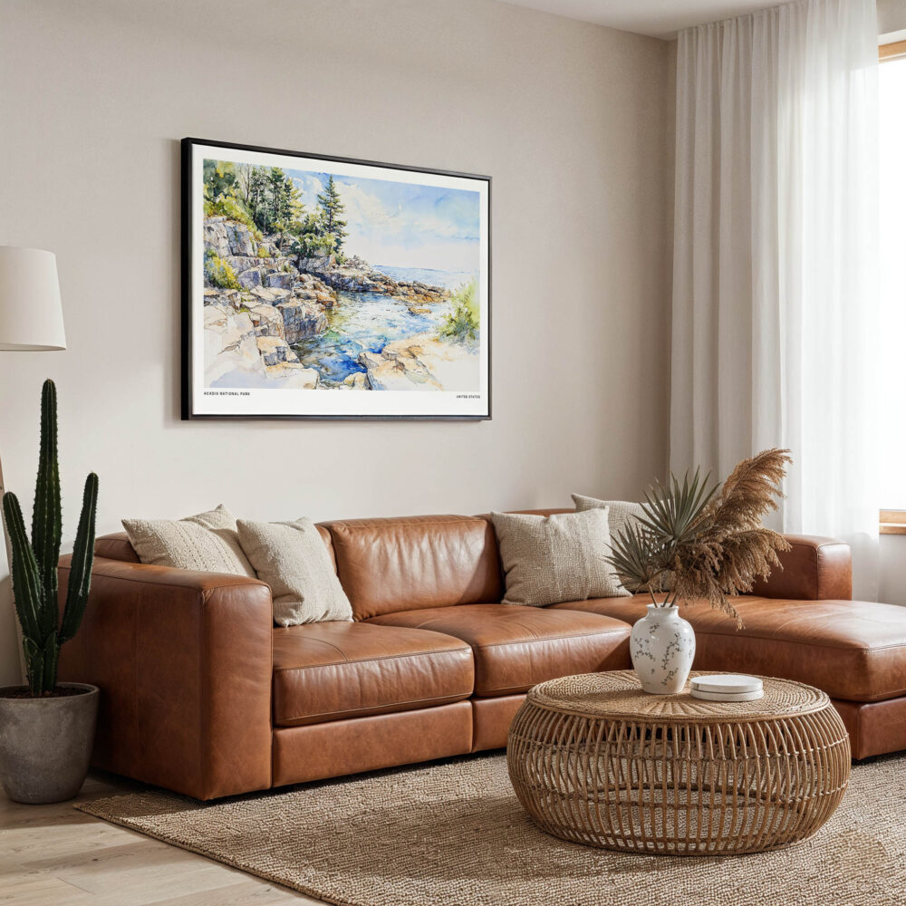 01 - Framed Acadia National Park Watercolor - Horizontal Canvas Print - Boho Living Room.jpg 01 - Framed Acadia National Park Watercolor - Horizontal Canvas Print - Boho Living Room.jpg